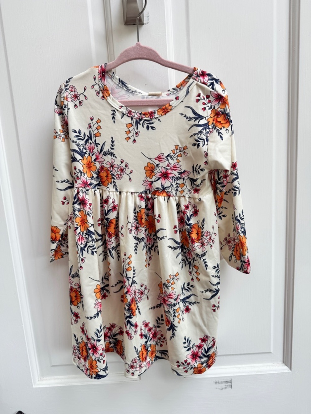 NWT PatPat 3T Girls Cream Floral Long Sleeve Dress with Orange & Pink Flowers
